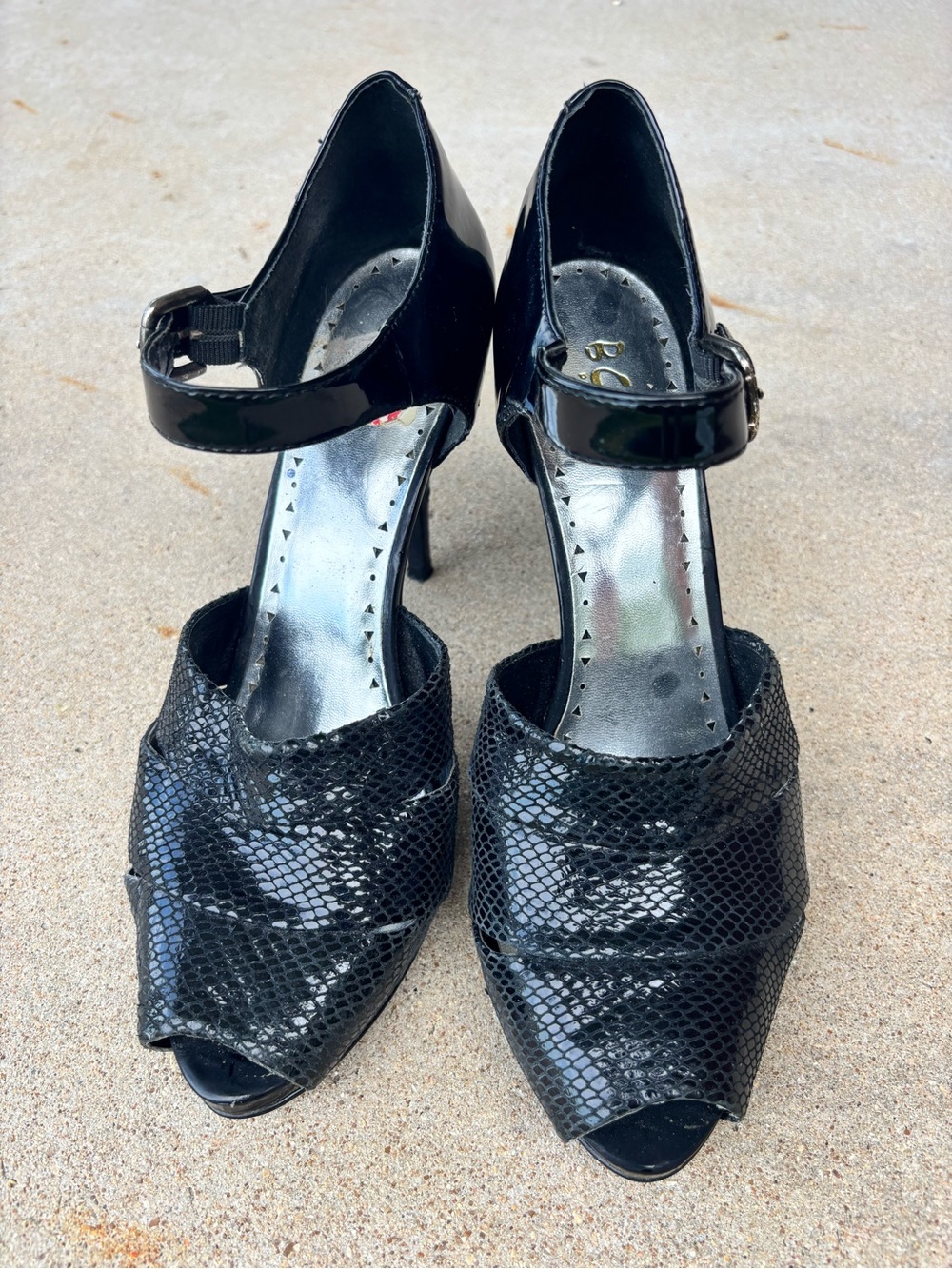 BCBGirls Black Snake-Texture Peep Toe Mary Jane Heels